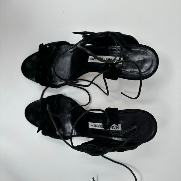 Manolo Blahnik Filodendro Black Suede Cutout Lace Up Heels 37 7 EUC - Picture 7 of 8